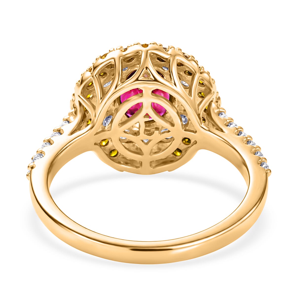 AAA Ouro Fino Rubellite and Luxuriant Lab Grown Yellow and White Diamond (IR) (SI) 2.50 ctw Ring in 10K Yellow Gold (Size 7.0) image number 4