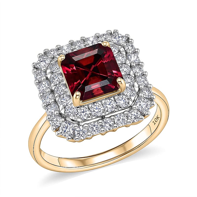 10K Yellow Gold AAA Asscher Cut Ouro Fino Rubellite, Luxuriant Lab Grown Diamond (G-H, SI) Ring (Size 7.0) 3.00 ctw
