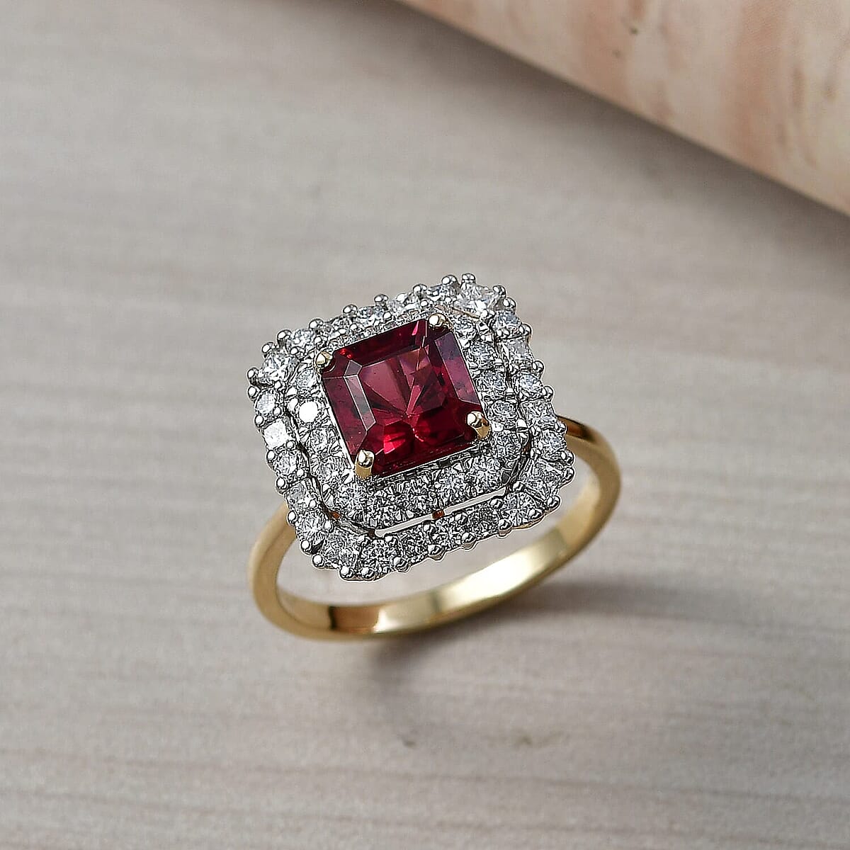 AAA Asscher Cut Ouro Fino Rubellite and Luxuriant Lab Grown Diamond G-H SI 3.00 ctw Ring in 10K Yellow Gold (Size  5.0) image number 1