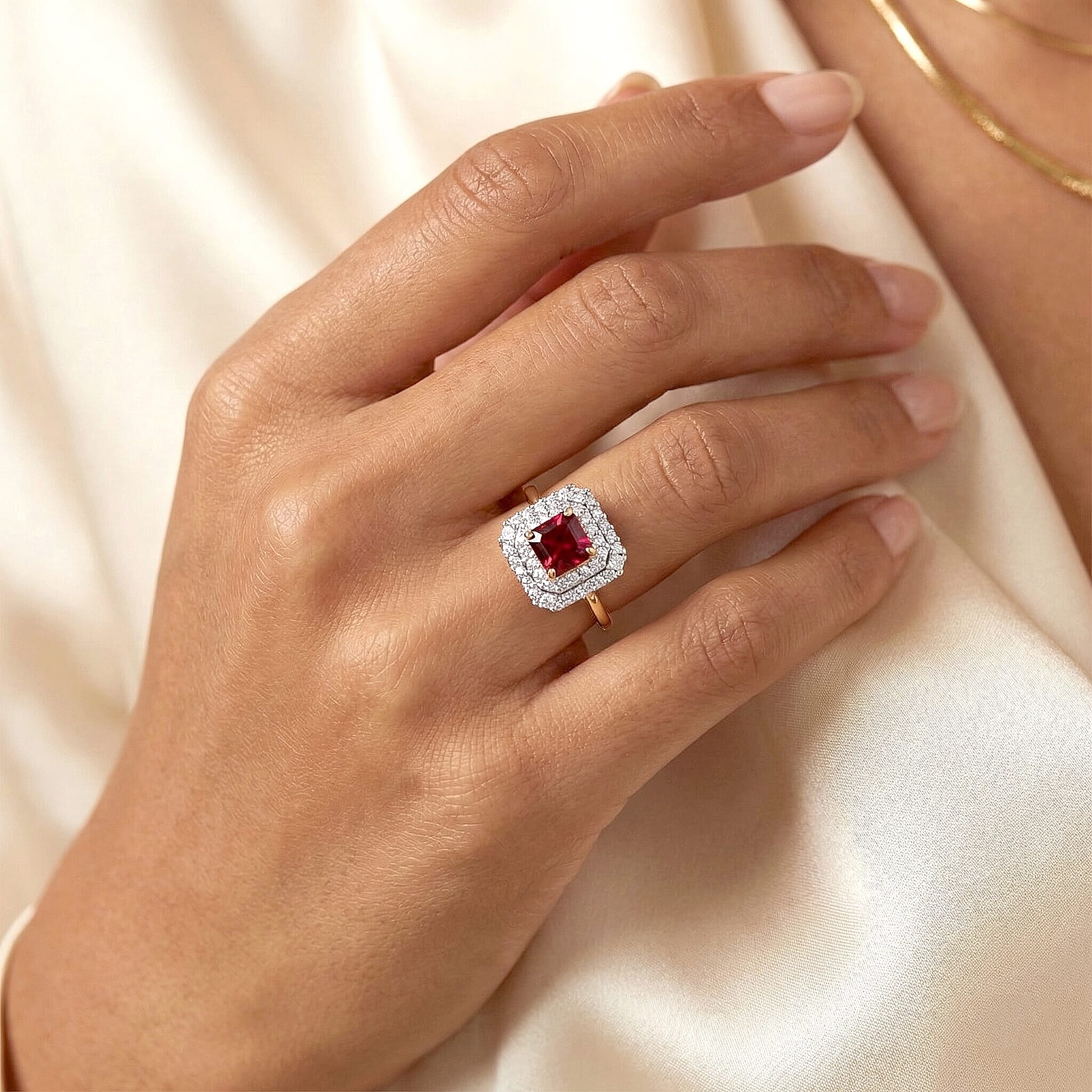 10K Yellow Gold AAA Asscher Cut Ouro Fino Rubellite, Luxuriant Lab Grown Diamond (G-H, SI) Ring (Size 7.0) 3.00 ctw