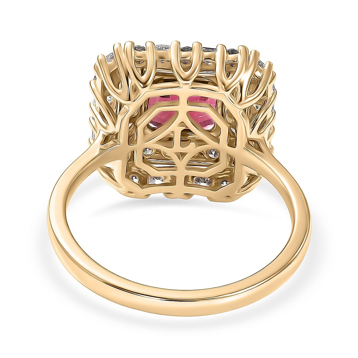 10K Yellow Gold AAA Asscher Cut Ouro Fino Rubellite, Luxuriant Lab Grown Diamond (G-H, SI) Ring (Size 7.0) 3.00 ctw