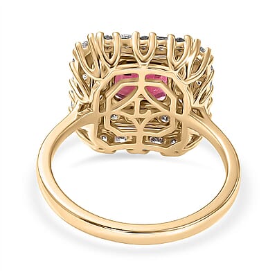 10K Yellow Gold AAA Asscher Cut Ouro Fino Rubellite, Luxuriant Lab Grown Diamond (G-H, SI) Ring (Size 7.0) 3.00 ctw