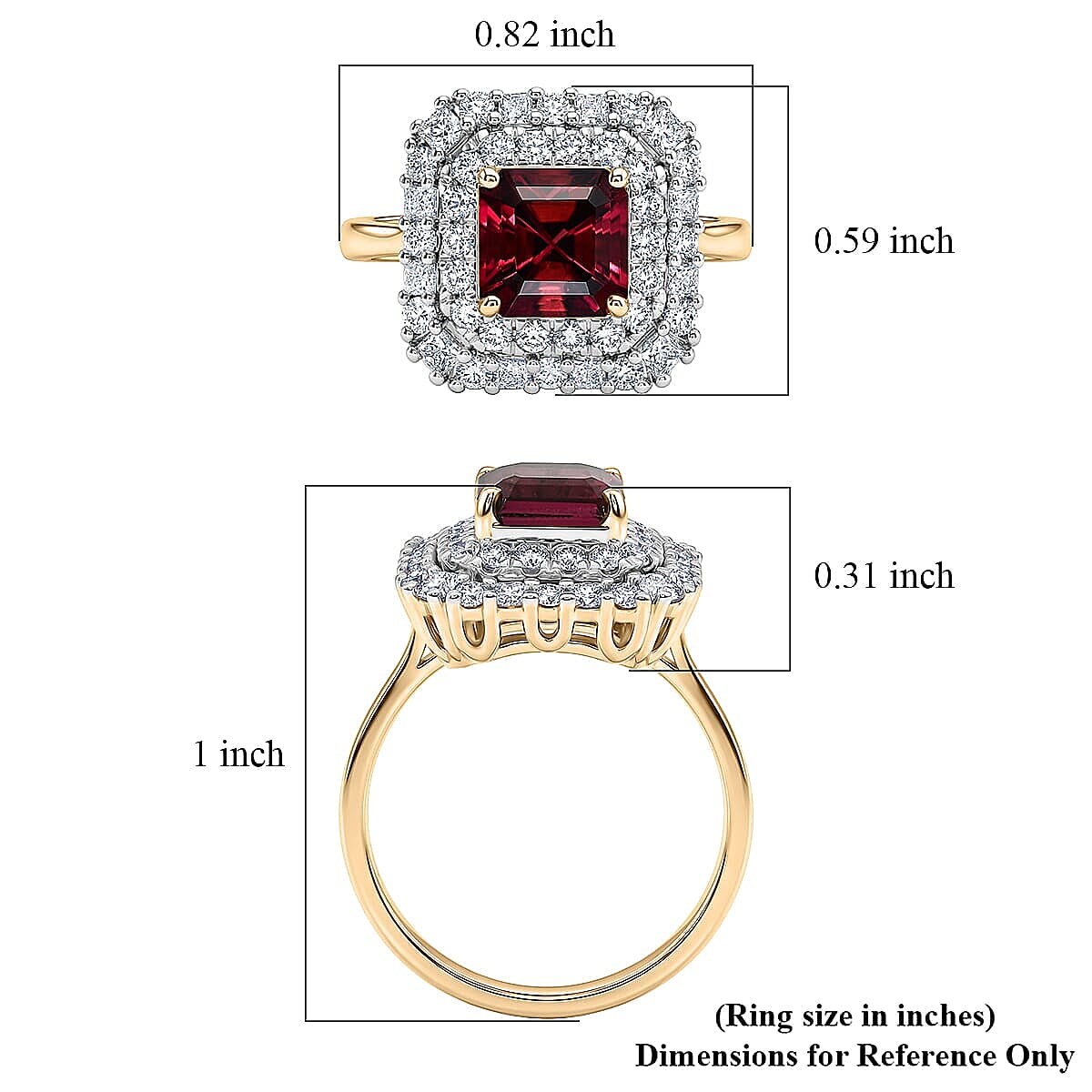 10K Yellow Gold AAA Asscher Cut Ouro Fino Rubellite, Luxuriant Lab Grown Diamond (G-H, SI) Ring (Size 7.0) 3.00 ctw