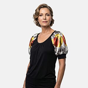 Vertigo Black, Multi Color Painting Print Puff Sleeve Top -Extra Small