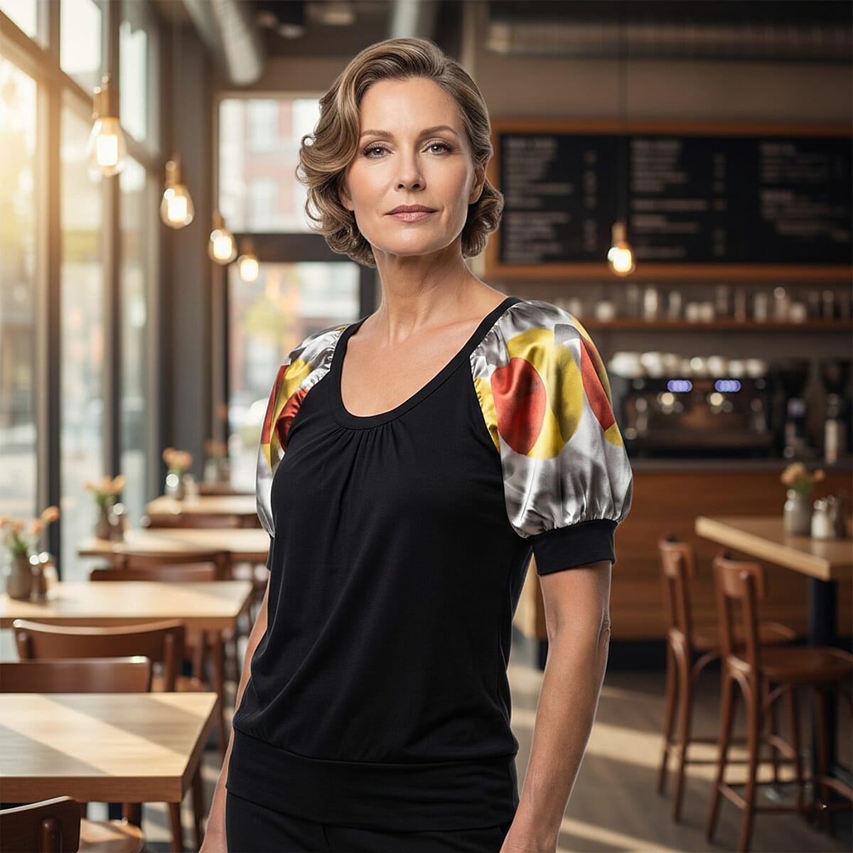 Vertigo Black, Multi Color Painting Print Puff Sleeve Top -Extra Small image number 1