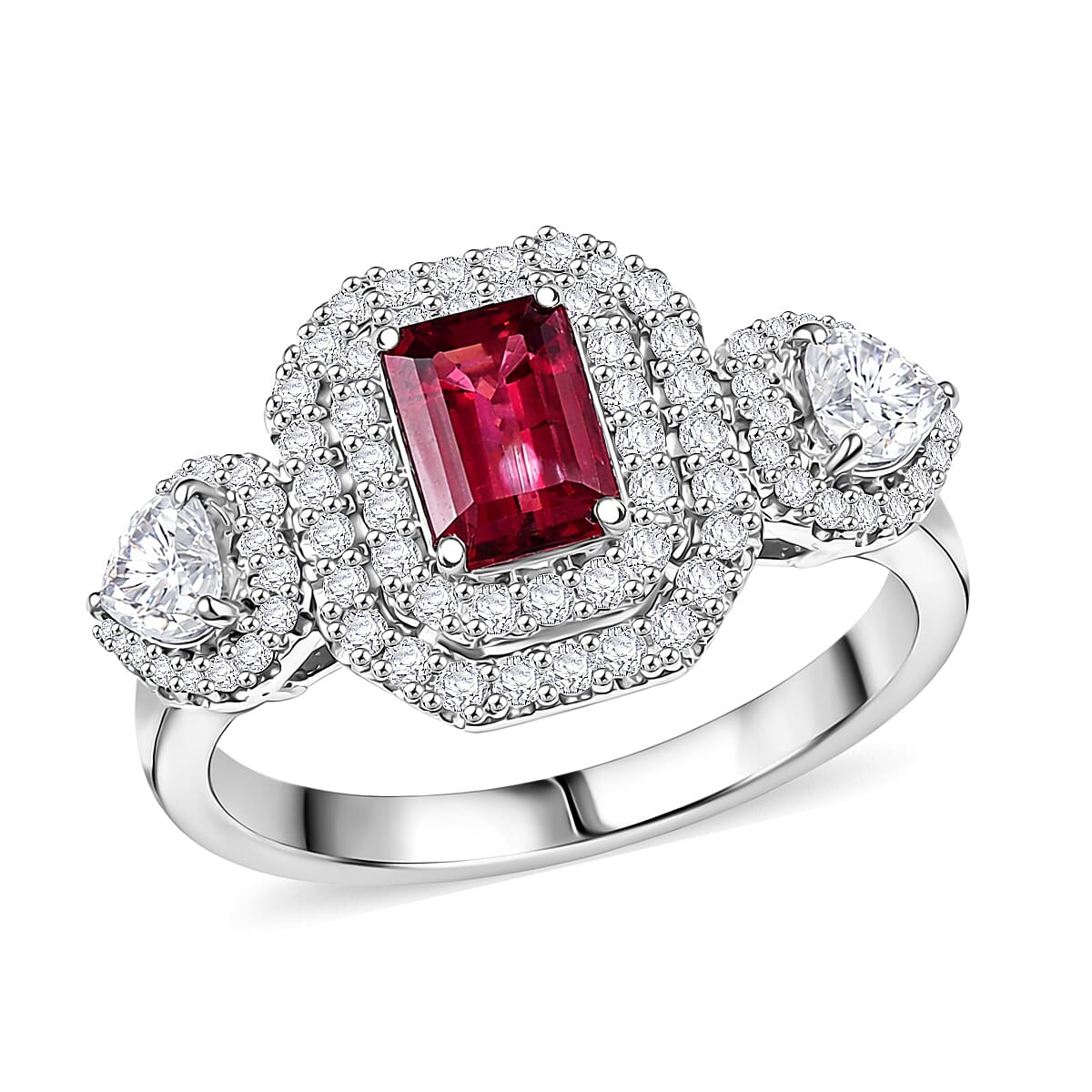 Certified & Appraised D'Joy Premium Ouro Fino Rubellite and Moissanite 2.07 ctw Ring in Rhodium Over Sterling Silver (Size 10.0)