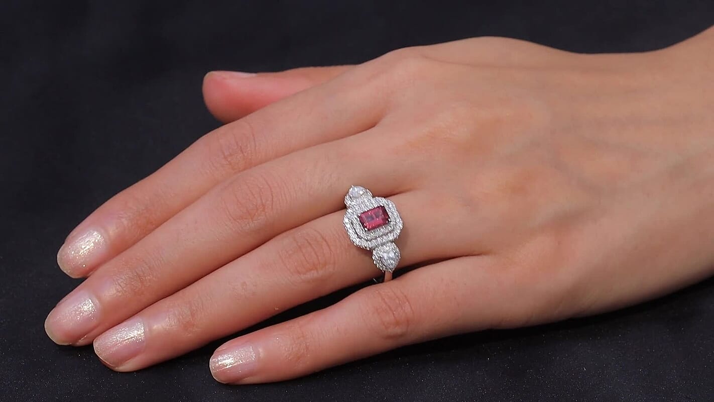D'Joy Premium Ouro Fino Rubellite, Moissanite Ring in Rhodium Over Sterling Silver (Size 7.0) (Del. in 7-10 Days) 2.07 ctw