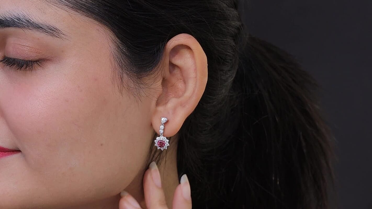 D'Joy Premium Ouro Fino Rubellite and Moissanite 2.20 ctw Earrings in Rhodium Over Sterling Silver (De. in 7-10 Days)
