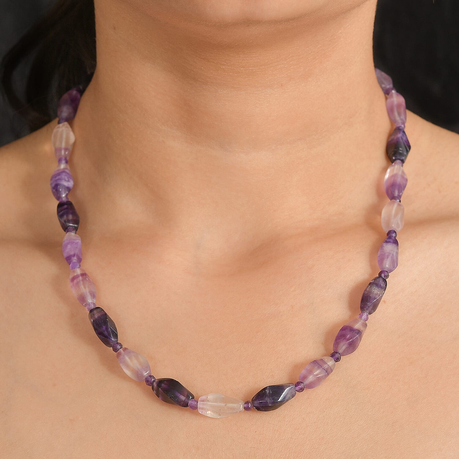 EverTrue Multi Fluorite and African Amethyst 195.00 ctw Beaded Necklace in 18K YG Plated 18 Inches