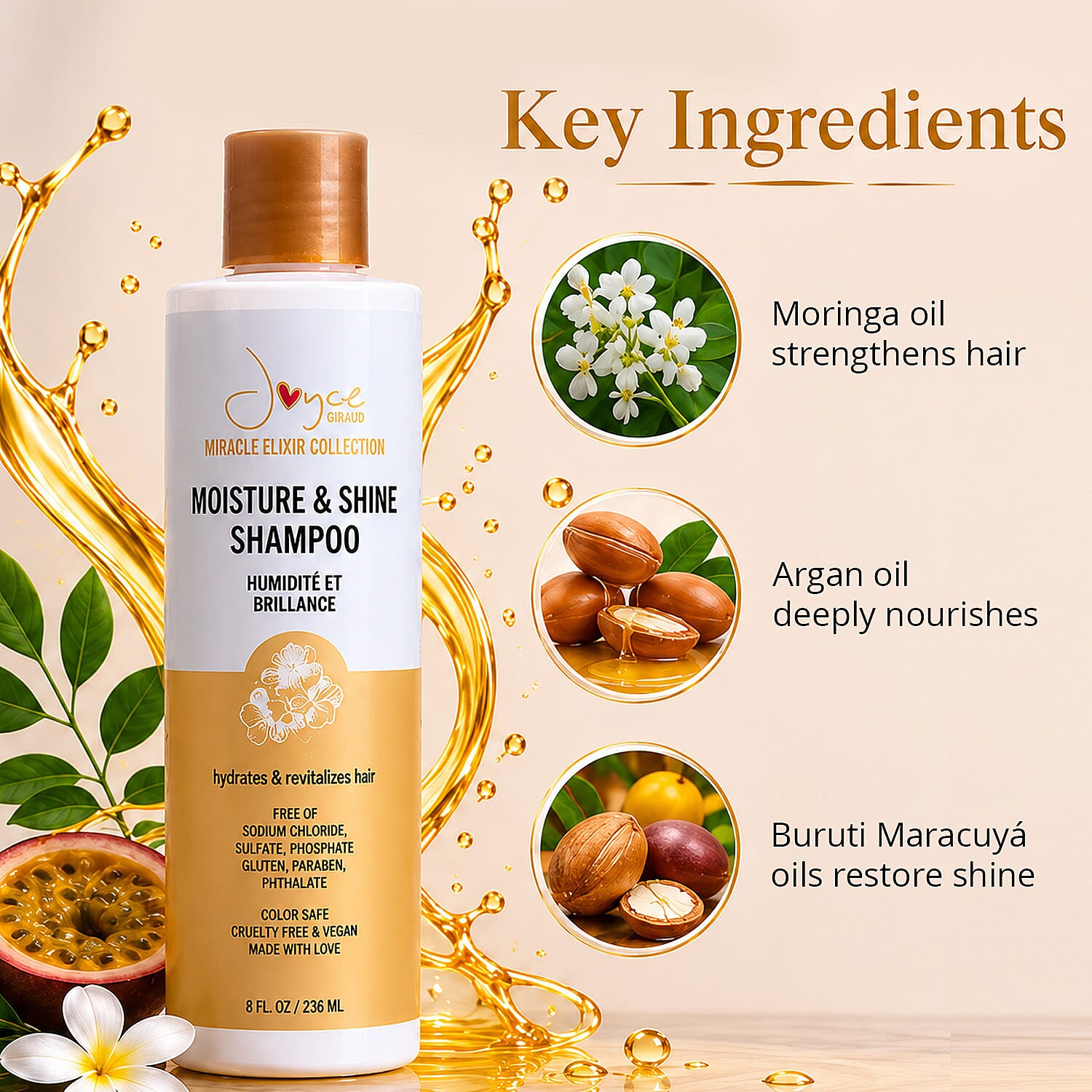 Joyce Giraud Beauty Miracle Elixir Collection Moisture & Shine Shampoo (8oz) Made in US