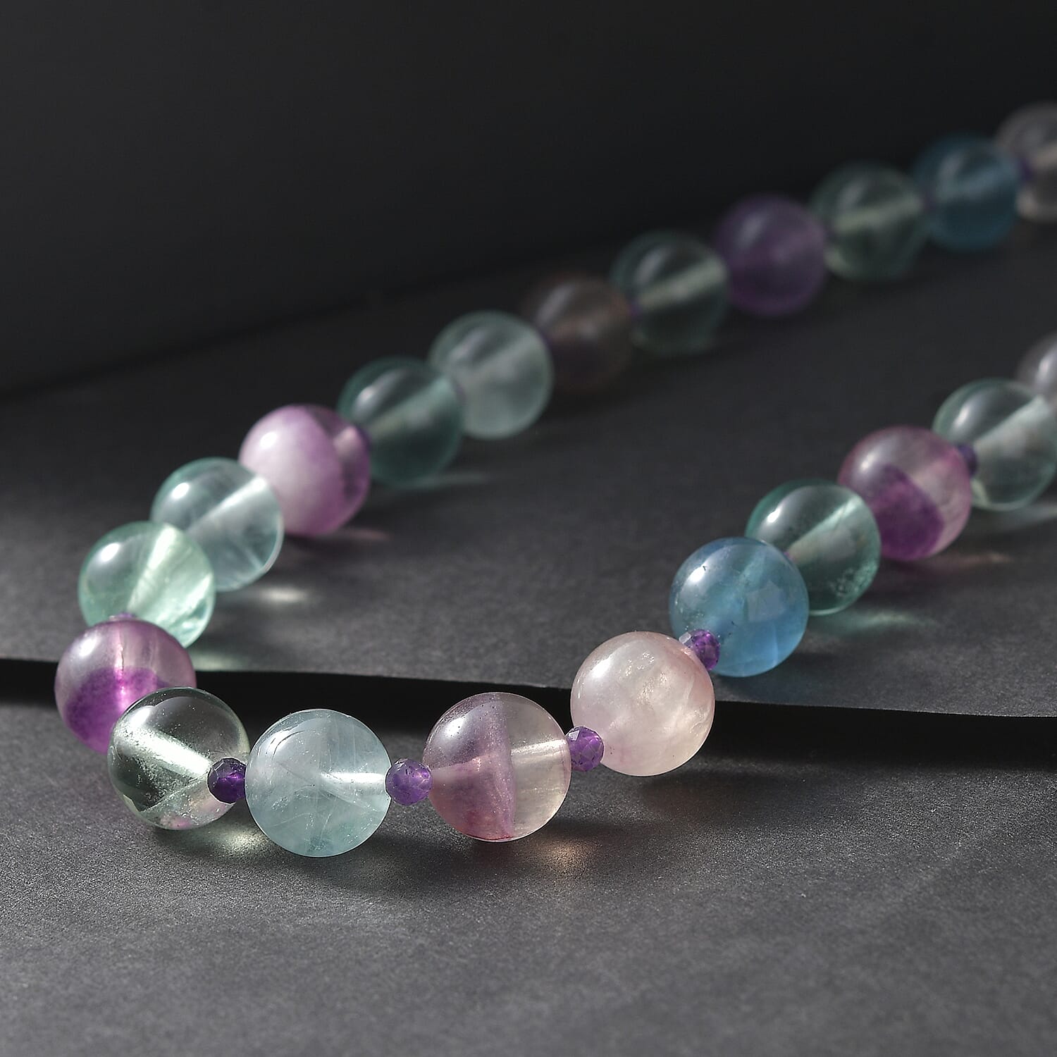 EverTrue Multi Fluorite and African Amethyst 345.00 ctw Beaded Necklace in 18K YG Plated 18 Inches