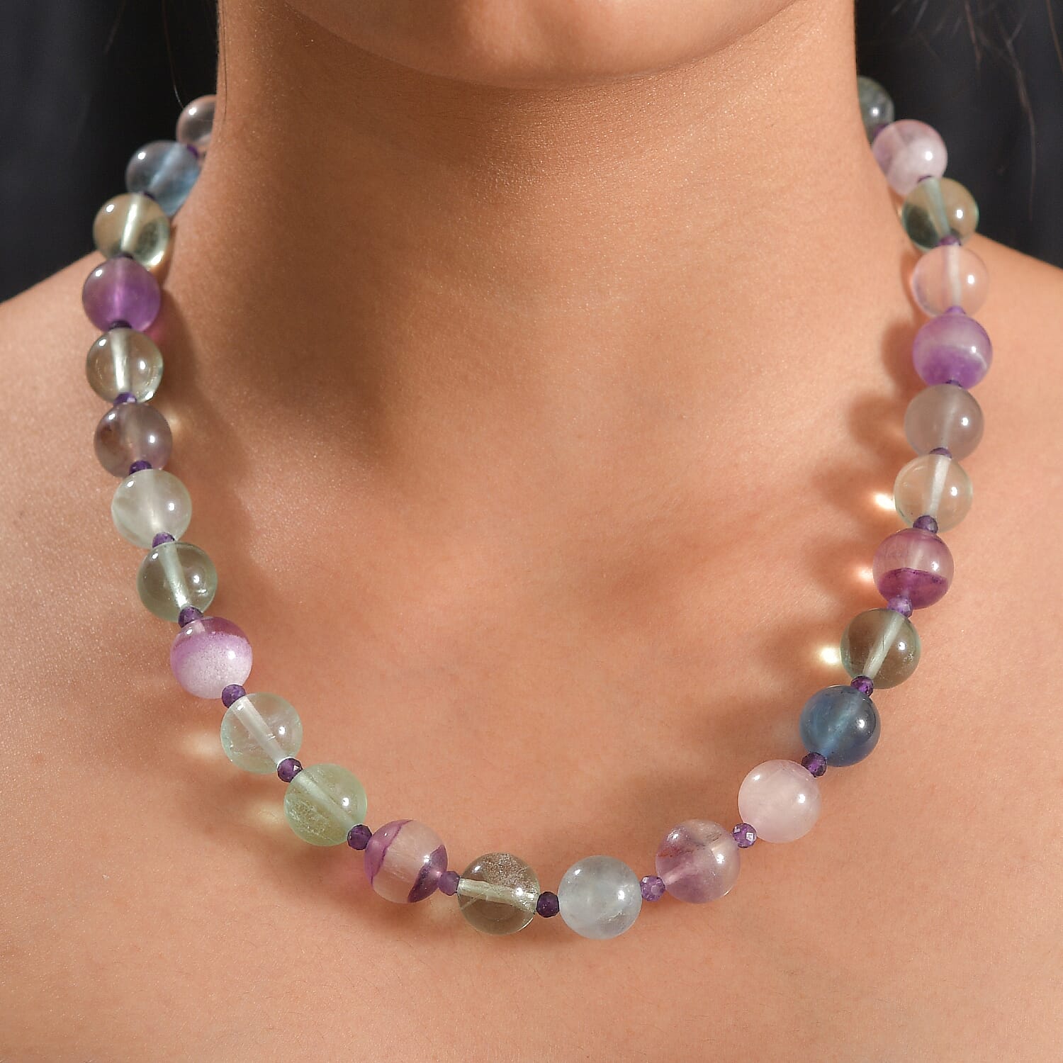 EverTrue Multi Fluorite and African Amethyst 345.00 ctw Beaded Necklace in 18K YG Plated 18 Inches