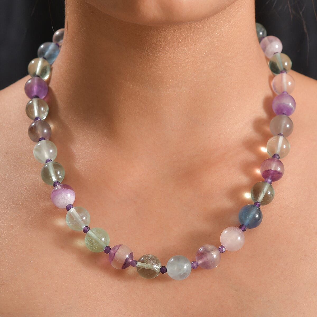 EverTrue Multi Fluorite and African Amethyst 345.00 ctw Beaded Necklace in 18K YG Plated 18 Inches  image number 2