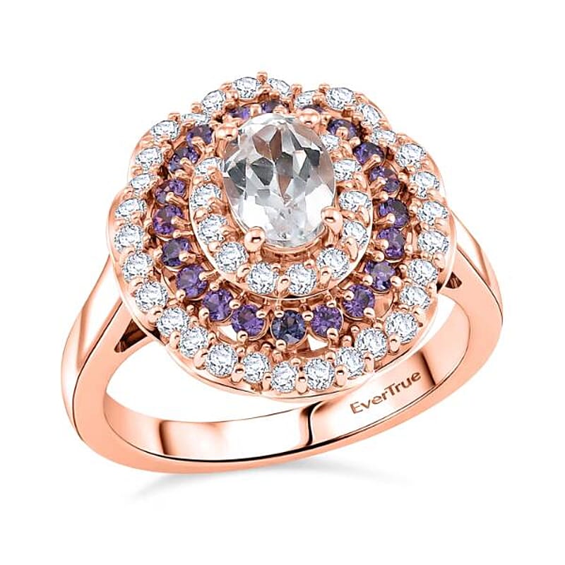 EverTrue Lab Created White and Purple Sapphire 2.30 ctw Royal Blush Halo Ring in 18K RG Plated (Size 5.0)