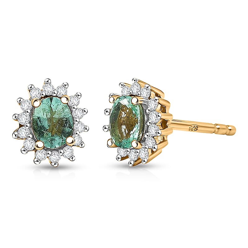D'Joy Boyaca Colombian Emerald and Moissanite 0.65 ctw Radiant Bloom Studs Earrings in 18K Vermeil Yellow Gold Over Sterling Silver
