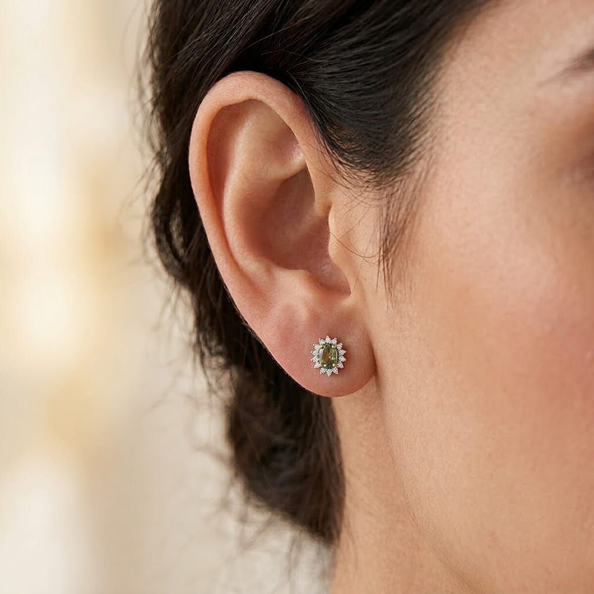 D'Joy Boyaca Colombian Emerald and Moissanite 0.65 ctw Radiant Bloom Studs Earrings in 18K Vermeil Yellow Gold Over Sterling Silver (Del. In 8-10 Days) image number 2