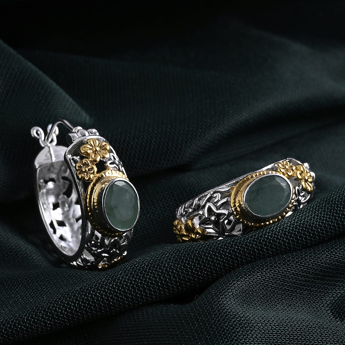 D'Joy Bali Legacy Socoto Emerald 2.40 ctw Floral Scroll Hoop Earrings in 22K Vermeil Yellow Gold Over Sterling Silver image number 1