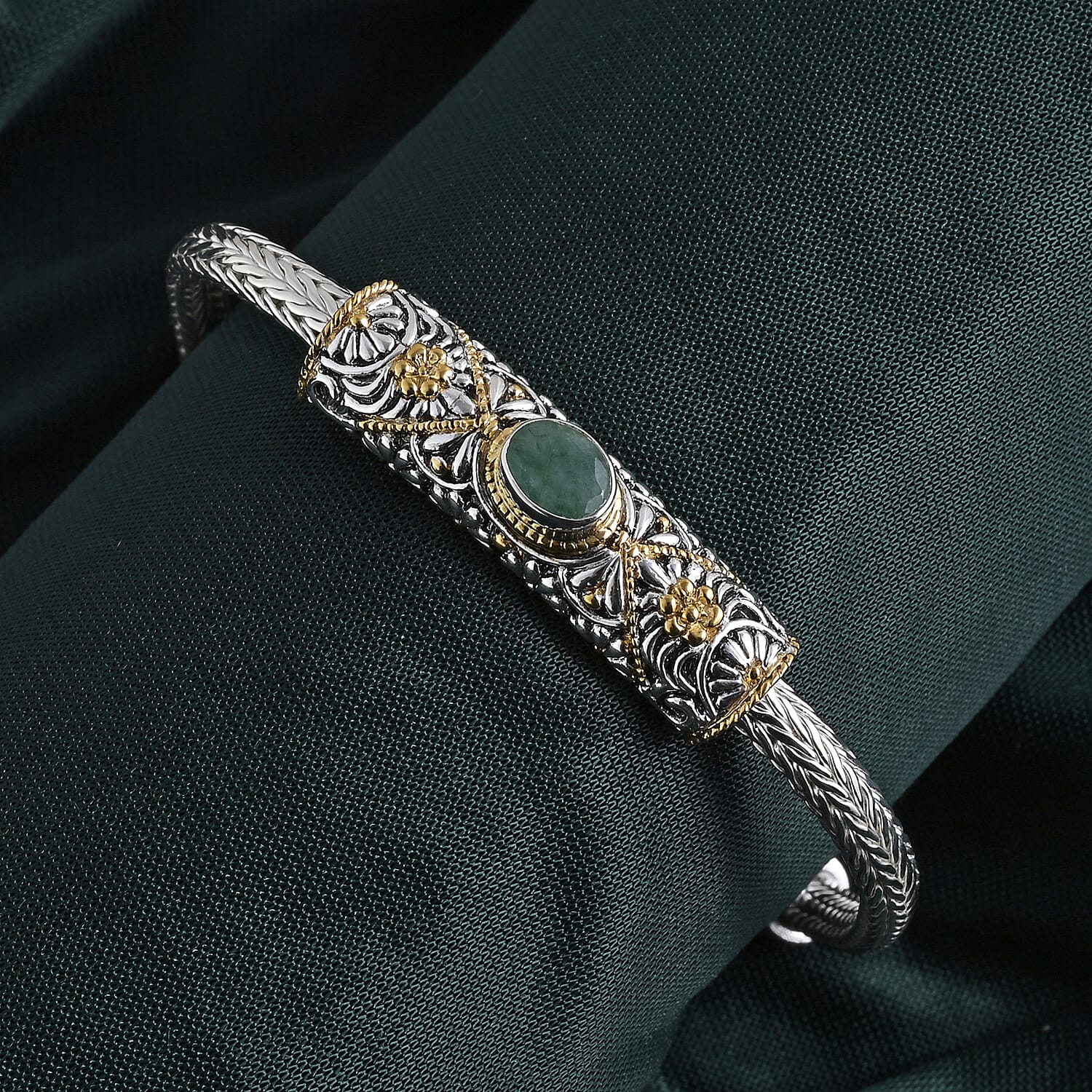 D'Joy Bali Legacy Socoto Emerald 1.25 ctw Floral Scroll Bracelet in 22K Vermeil Yellow Gold Over Sterling Silver (8.00 In)