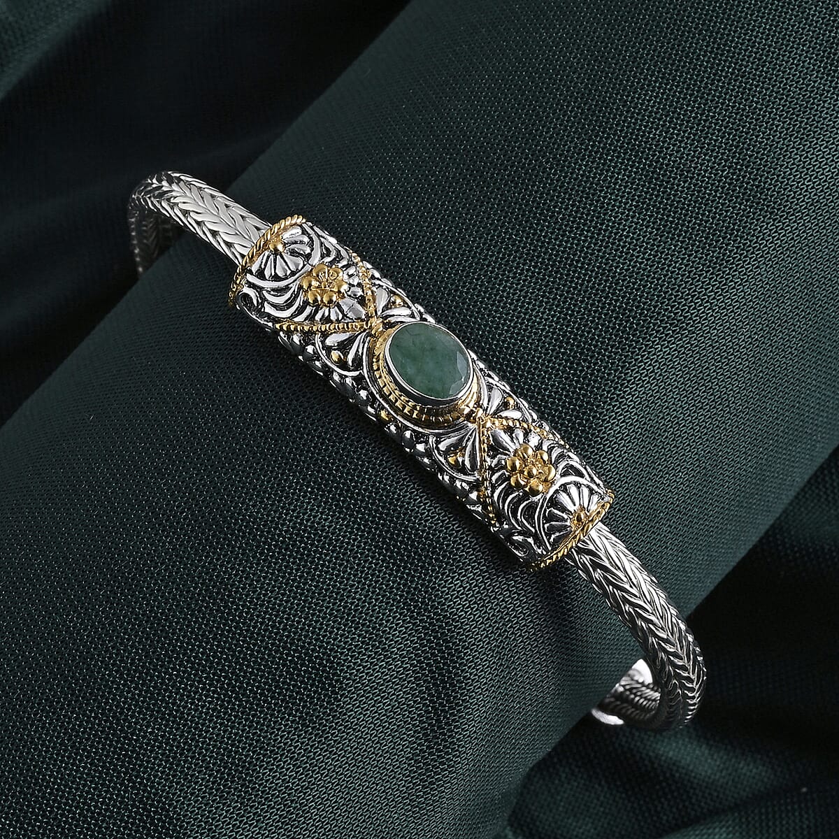 D'Joy Bali Legacy Socoto Emerald 1.25 ctw Floral Scroll Bracelet in 22K Vermeil Yellow Gold Over Sterling Silver (8.00 In) image number 1