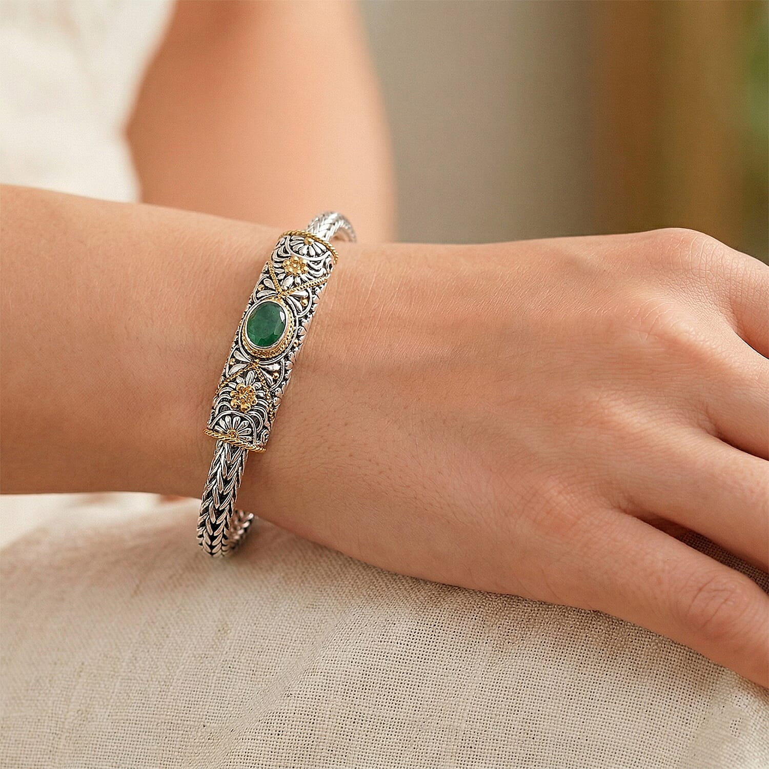 D'Joy Bali Legacy Socoto Emerald 1.25 ctw Floral Scroll Bracelet in 22K Vermeil Yellow Gold Over Sterling Silver (8.00 In)
