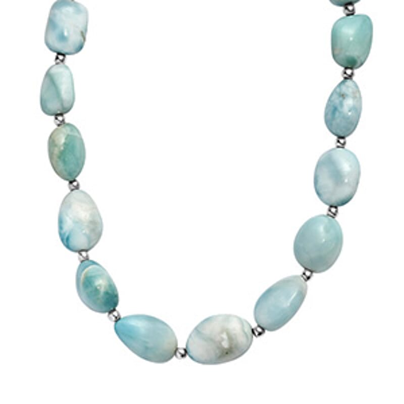 D'Joy Larimar 213.00 ctw Tumble Beaded Necklace in Rhodium Over Sterling Silver 18-20 Inches