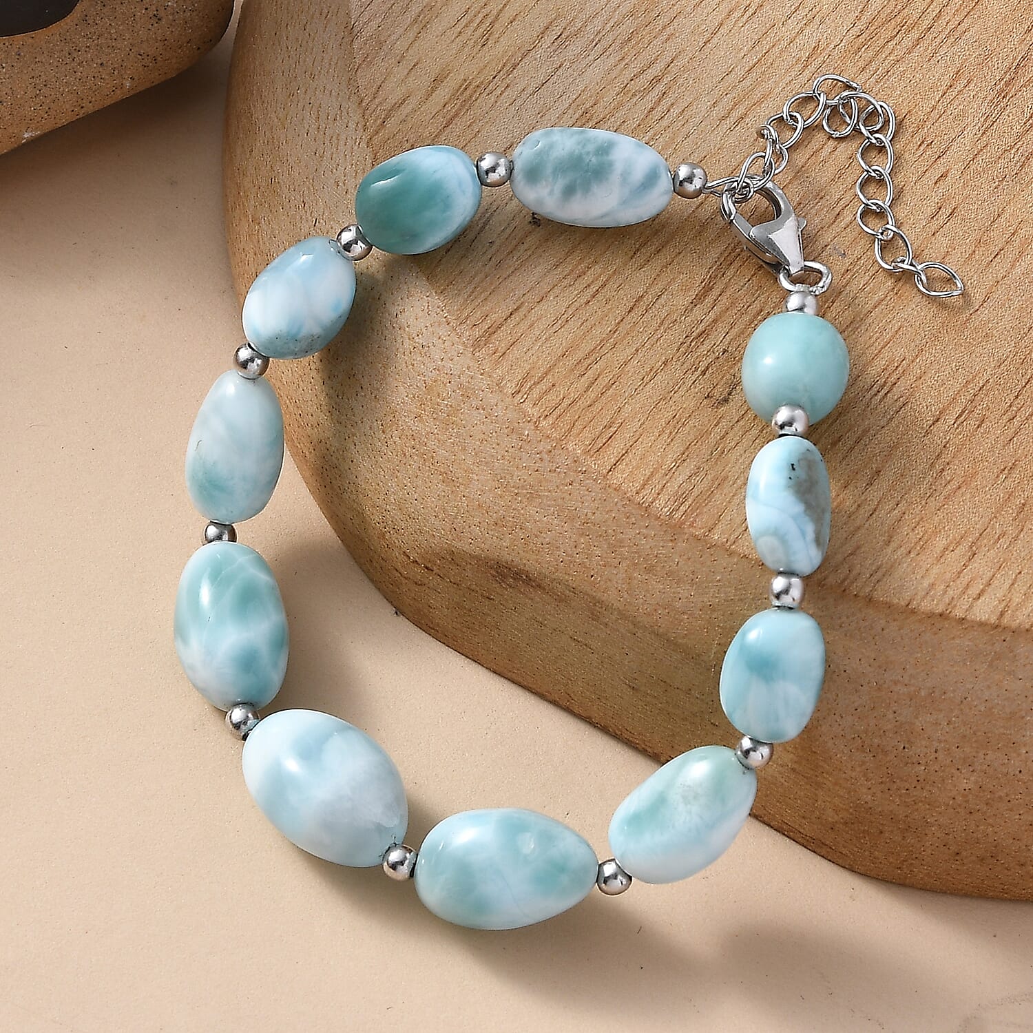 D'Joy Larimar 85.00 ctw Tumble Beaded Bracelet in Rhodium Over Sterling Silver (7.25-9.25In)