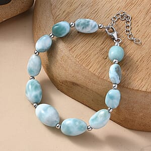 D'Joy Larimar 85.00 ctw Tumble Beaded Bracelet in Rhodium Over Sterling Silver (7.25-9.25In)