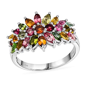D'Joy Multi-Tourmaline 2.50 ctw Rainbow Blossom Ring in Rhodium Over Sterling Silver (Size 10.0) (Del. In 8-10 Days)