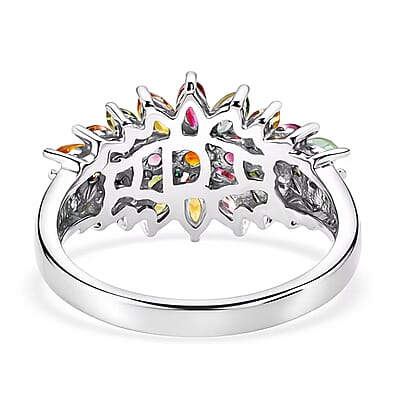 D'Joy Multi-Tourmaline 2.50 ctw Rainbow Blossom Ring in Rhodium Over Sterling Silver (Size 10.0)