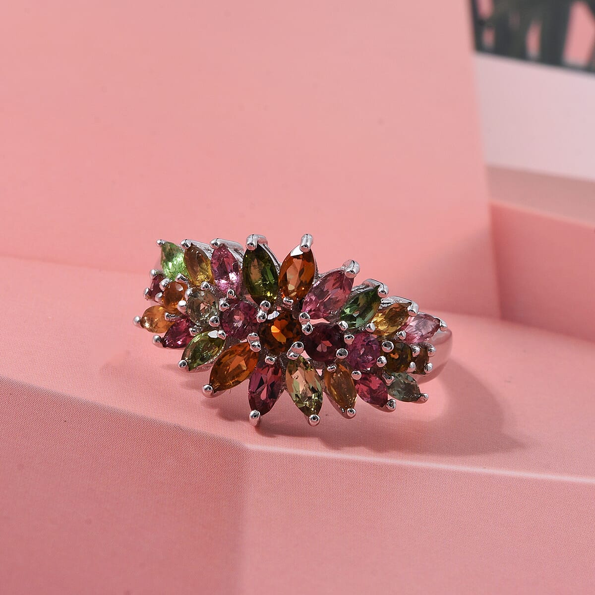 D'Joy Multi-Tourmaline 2.50 ctw Rainbow Blossom Ring in Rhodium Over Sterling Silver (Size 5.0) (Del. In 8-10 Days) image number 2