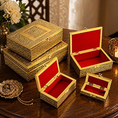 Livmore Set of 5 Handcrafted Floral Aluminium Oxidized Nested Box - Gold