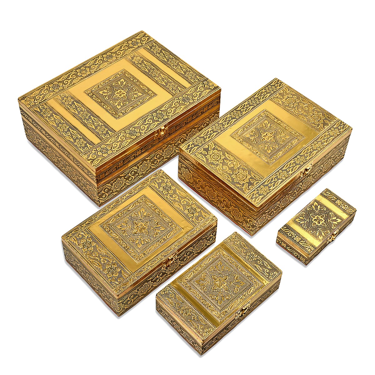 Livmore Set of 5 Handcrafted Floral Aluminum Oxidized Nested Box - Gold image number 2