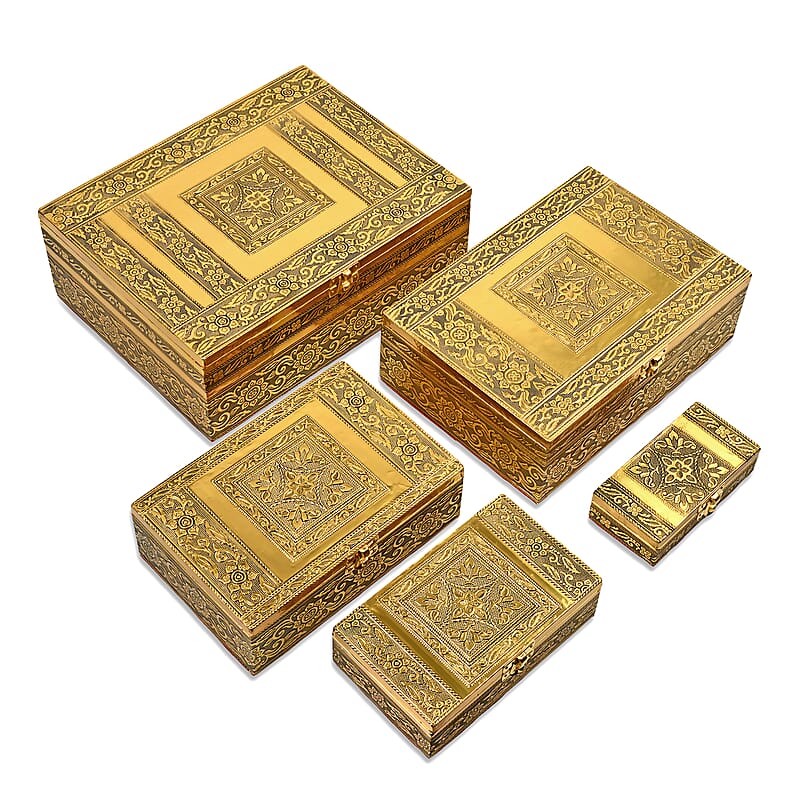 Livmore Set of 5 Handcrafted Floral Aluminum Oxidized Nested Box - Gold