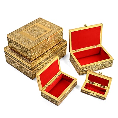 Livmore Set of 5 Handcrafted Floral Aluminium Oxidized Nested Box - Gold