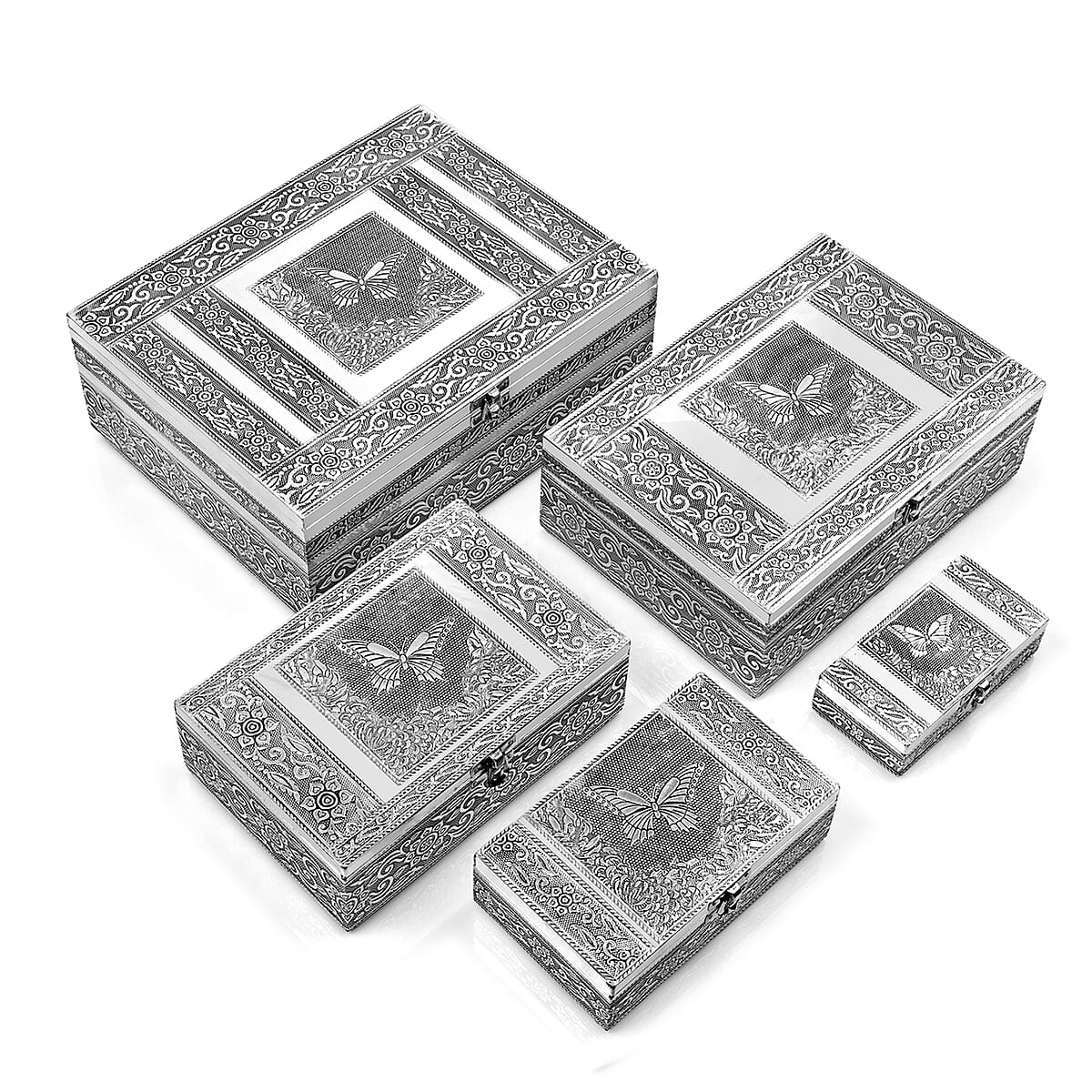Livmore Set of 5 Handcrafted Butterfly Aluminum Oxidized Nested Box - Silver image number 2
