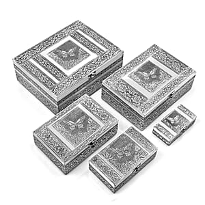 Livmore Set of 5 Handcrafted Butterfly Aluminum Oxidized Nested Box - Silver