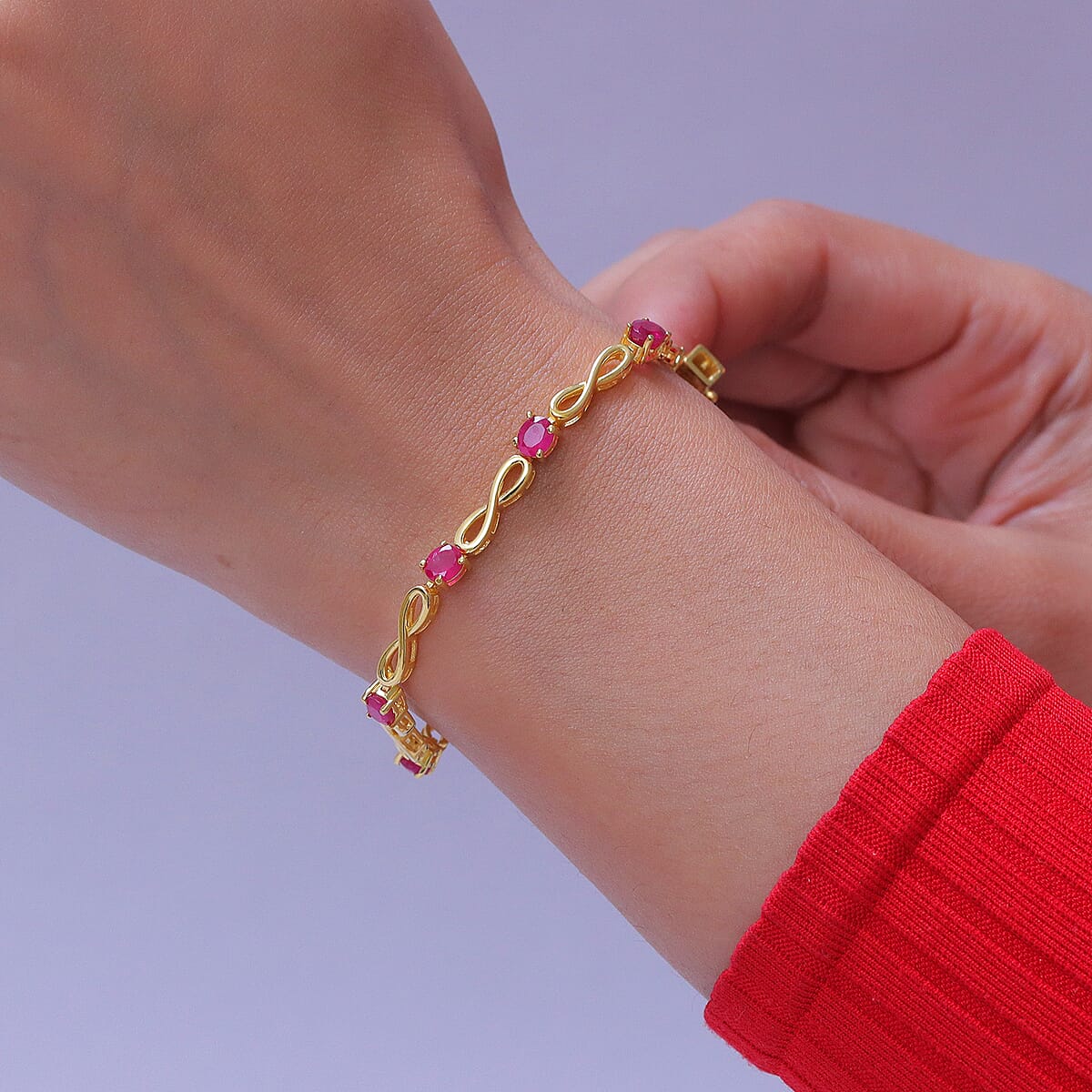 EverTrue Niassa Ruby (FF) 5.50 ctw Infinity Line Bracelet in 18K Yellow Gold Plated (8.00 In) image number 2