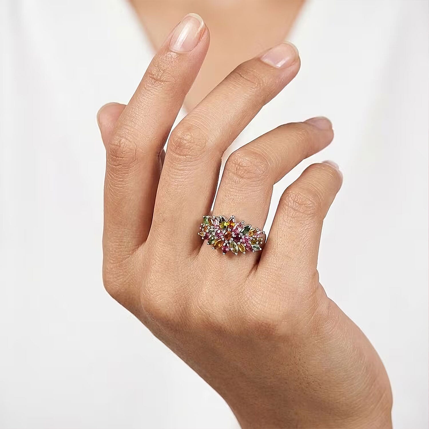 D'Joy Multi-Tourmaline 2.50 ctw Rainbow Blossom Ring in Rhodium Over Sterling Silver (Size 7.0)