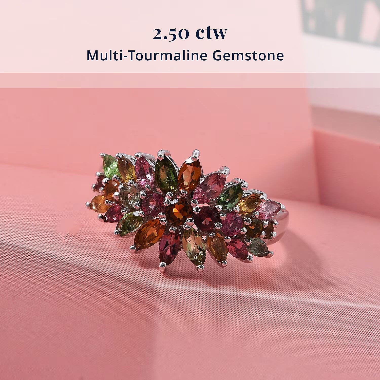 D'Joy Multi-Tourmaline 2.50 ctw Rainbow Blossom Ring in Rhodium Over Sterling Silver (Size 7.0)