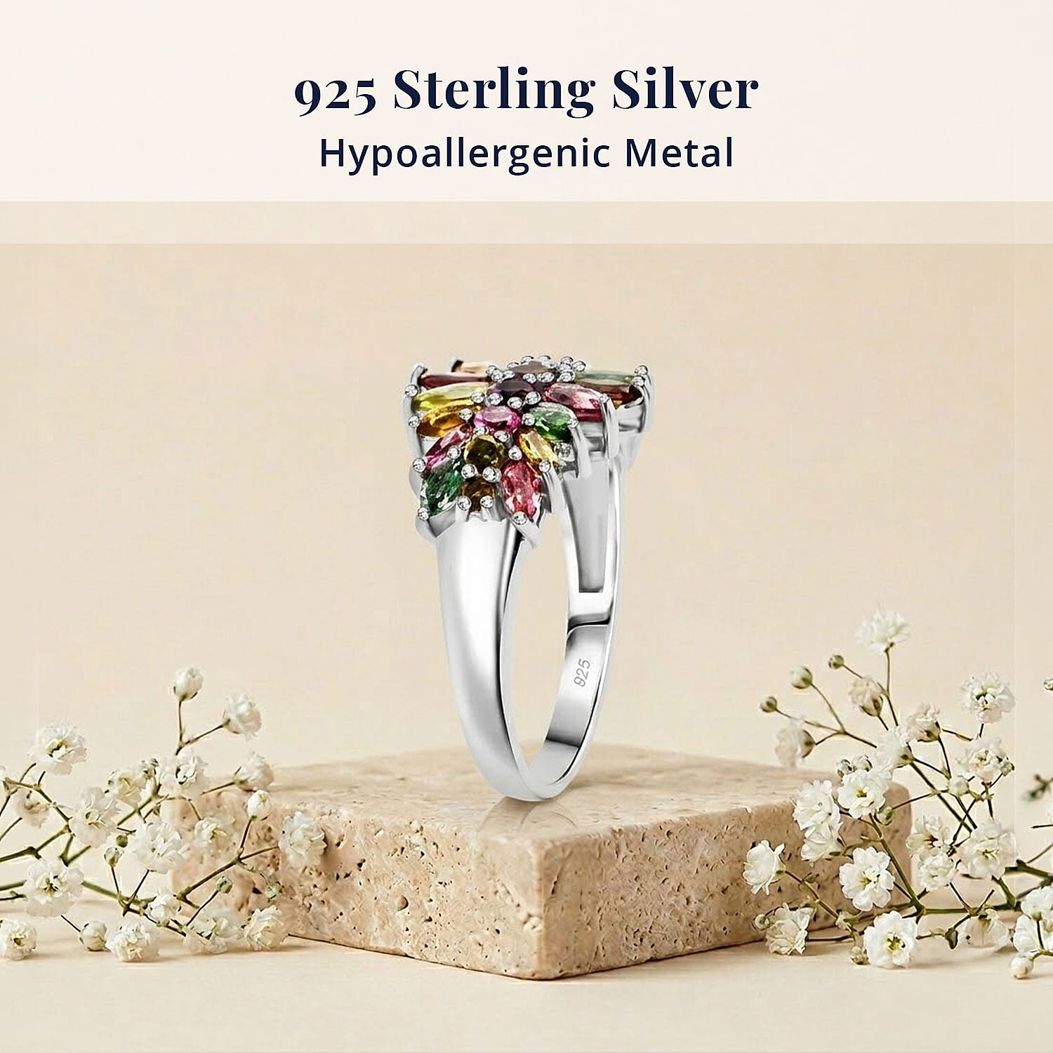 D'Joy Multi-Tourmaline 2.50 ctw Rainbow Blossom Ring in Rhodium Over Sterling Silver (Size 7.0)