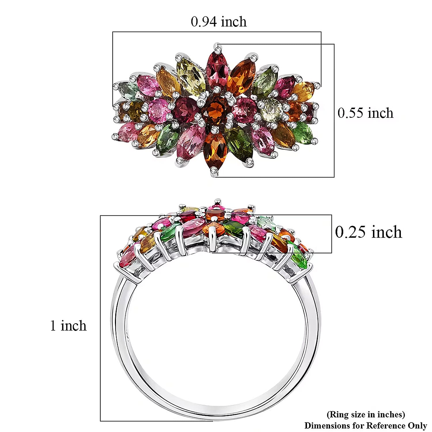 D'Joy Multi-Tourmaline 2.50 ctw Rainbow Blossom Ring in Rhodium Over Sterling Silver (Size 7.0)
