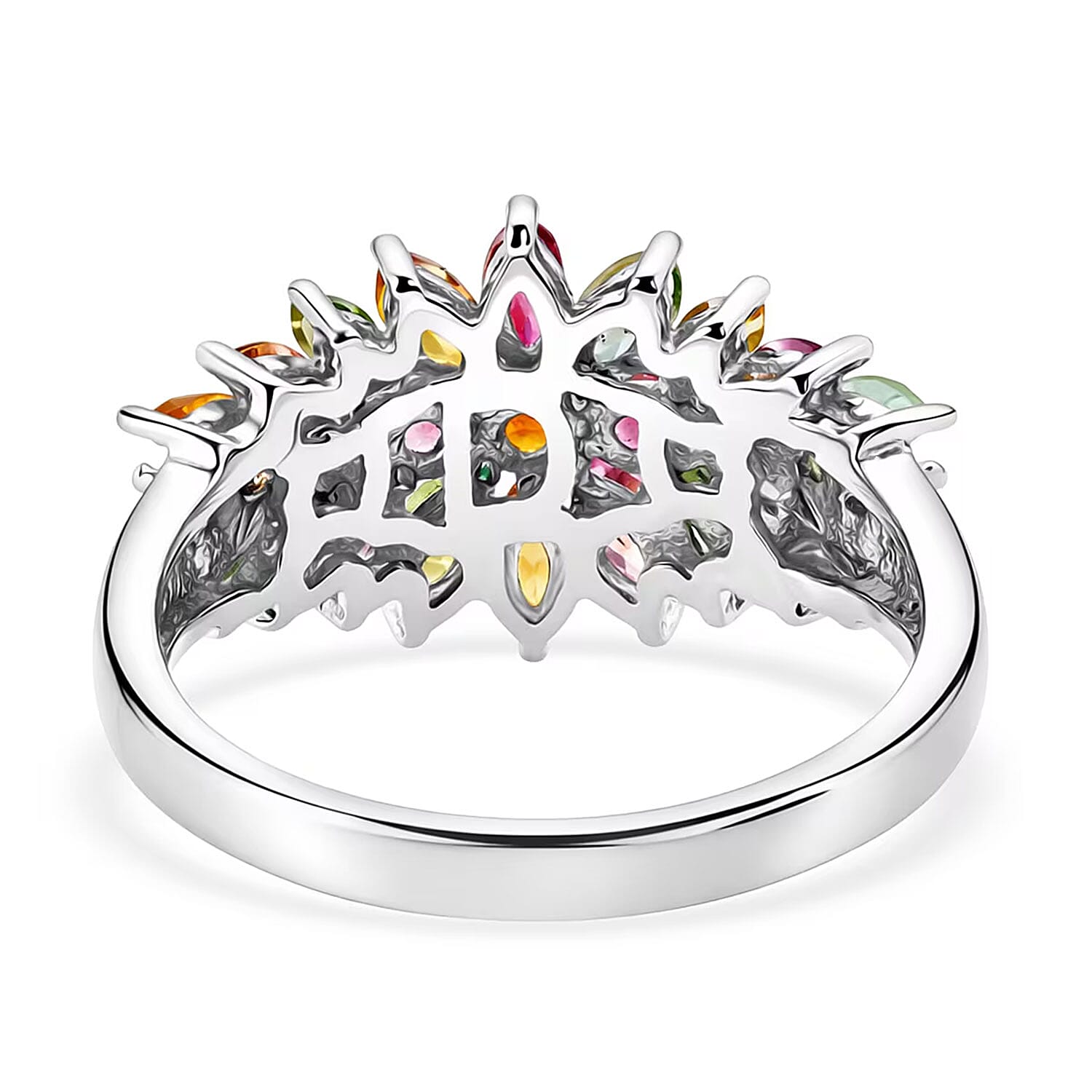 D'Joy Multi-Tourmaline 2.50 ctw Rainbow Blossom Ring in Rhodium Over Sterling Silver (Size 7.0)