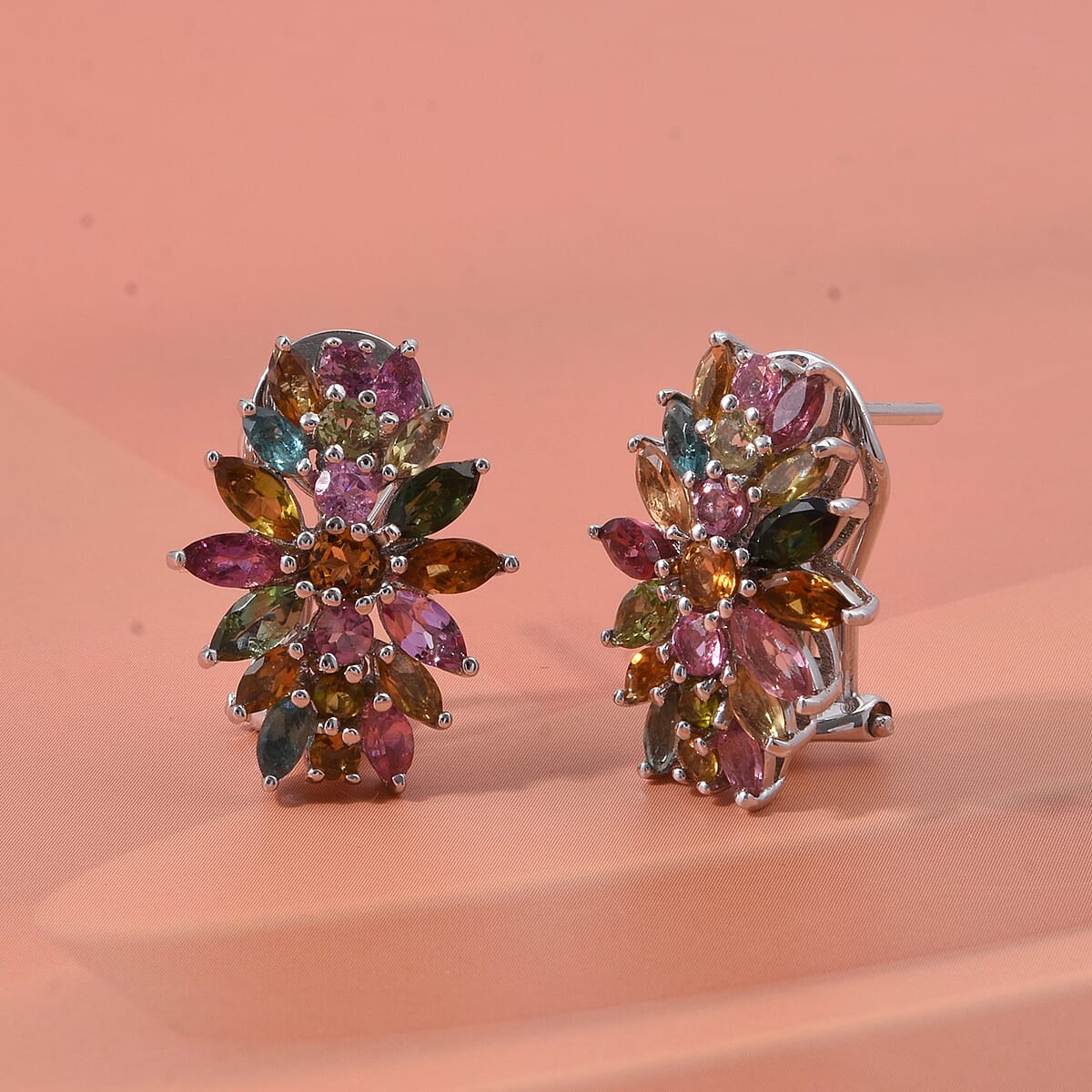 D'Joy Multi-Tourmaline 4.25 ctw Rainbow Blossom Earrings in Rhodium Over Sterling Silver (Del. In 8-10 Days) image number 1