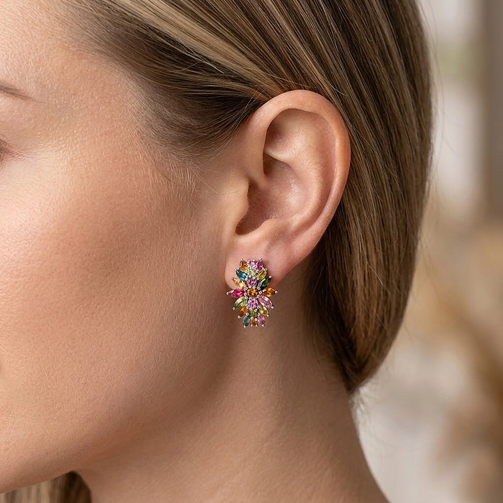 D'Joy Multi-Tourmaline 4.25 ctw Rainbow Blossom Earrings in Rhodium Over Sterling Silver (Del. In 8-10 Days)