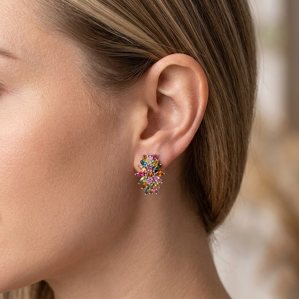 D'Joy Multi-Tourmaline 4.25 ctw Rainbow Blossom Earrings in Rhodium Over Sterling Silver (Del. In 8-10 Days) image number 2