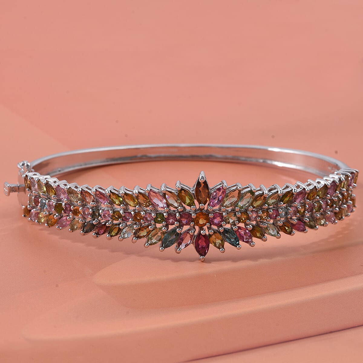 D'Joy Multi-Tourmaline 7.00 ctw Rainbow Blossom Bangle Bracelet in Rhodium Over Sterling Silver (7.25 In) (Del. In 8-10 Days) image number 1