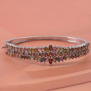 D'Joy Multi-Tourmaline 7.00 ctw Rainbow Blossom Bangle Bracelet in Rhodium Over Sterling Silver (7.25 In) (Del. In 8-10 Days)