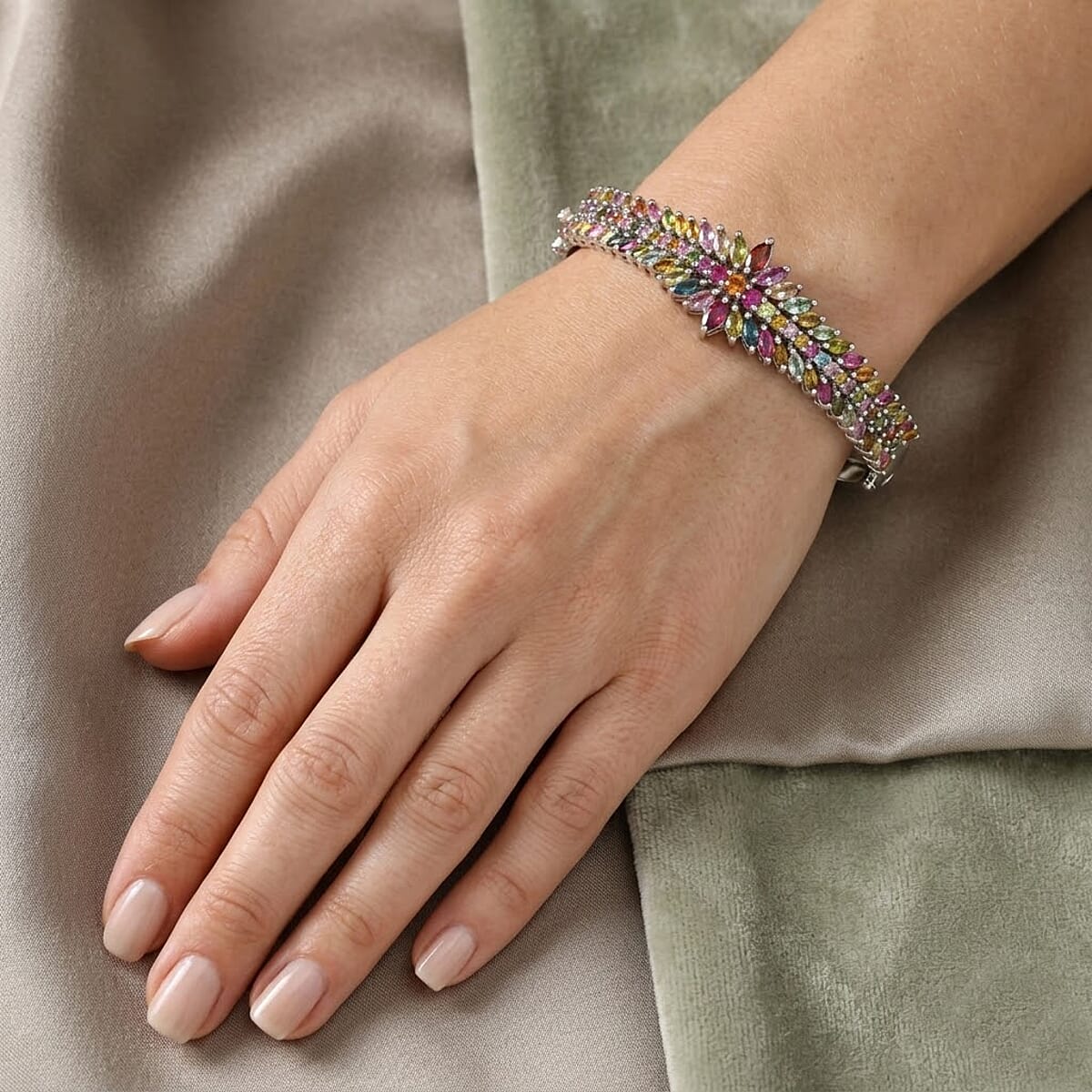 D'Joy Multi-Tourmaline 7.00 ctw Rainbow Blossom Bangle Bracelet in Rhodium Over Sterling Silver (7.25 In) (Del. In 8-10 Days) image number 2