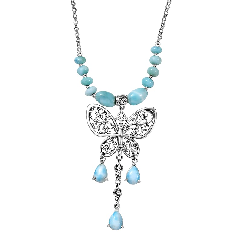 D'Joy Passport to Turkey Premium Larimar 25.85 ctw Butterfly Necklace in Sterling Silver 18-20 Inches