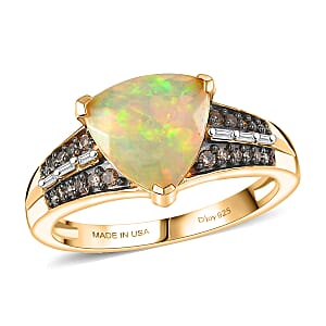 D'Joy Premium Ethiopian Welo Opal, Natural Champagne and White Diamond 2.10 ctw Ring in 18K Vermeil Yellow Gold Over Sterling Silver (Size 6.0)